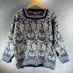 Vintage Oleana Sweater Women's Medium Blue White Wool Floral Fair Isle Pullover